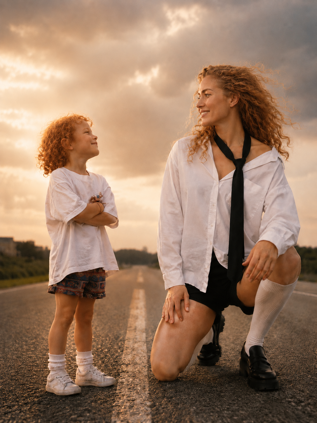 Carrie Davidson kneels before a young girl with curly red hair on an open road at sunset